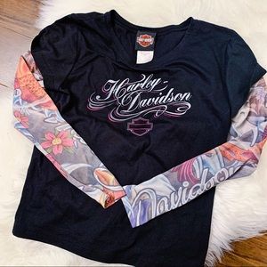 Harley-Davidson Black Long Sleeve Tee with Multicolor Tattoo-Print Sleeves
